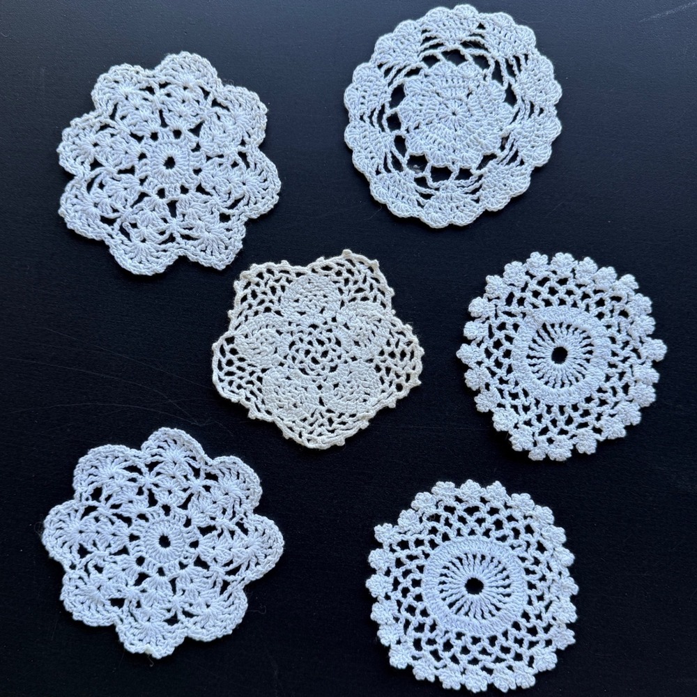 Vintage White Crochet Lace Doilies Set of 6 Coasters Floral Round Mixed Patterns
